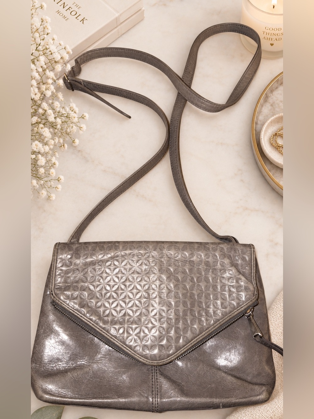 HOBO Taupe Gray Leather Embossed Flap Crossbody Bag